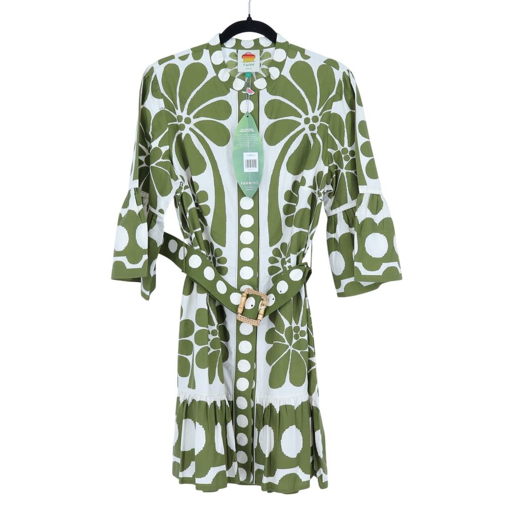 Farm Rio Palermo Belted Mini Dress Green NWT Printed Half Sleeve Women's L